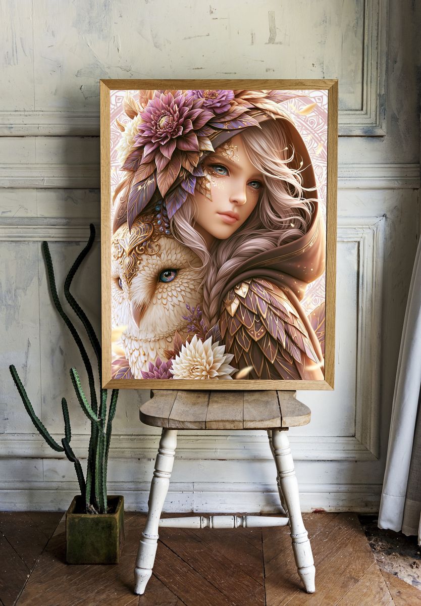 Fantasy Girl and Owl Illustration Poster. room preview