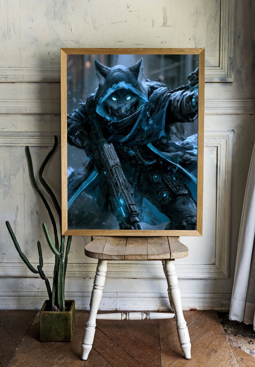 Cyber Wolf Assassin Digital Art Print. — room view 1