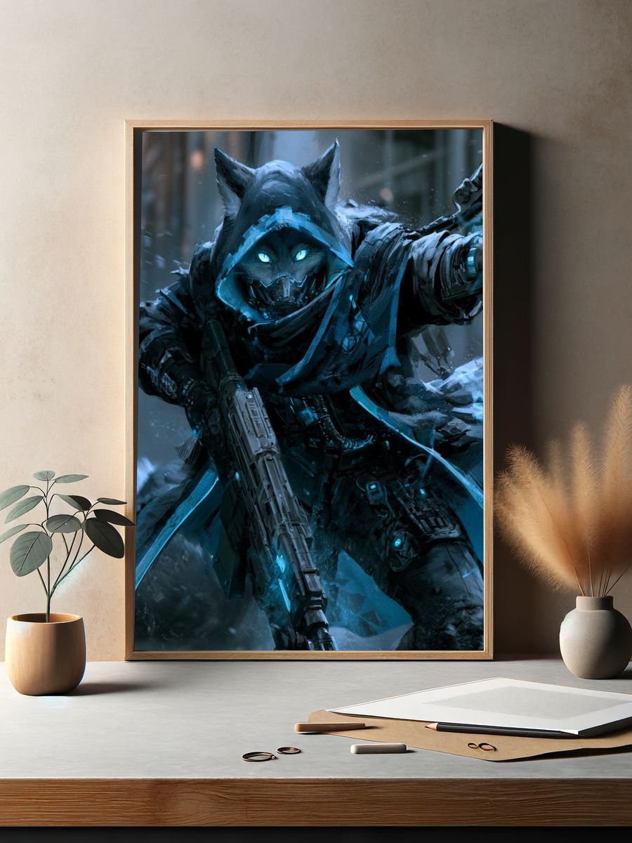 Cyber Wolf Assassin Digital Art Print. — room view 2
