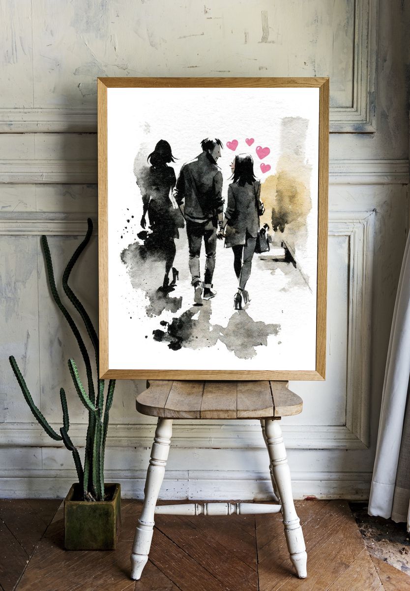 Watercolor Couple Walk Poster. — room view 1