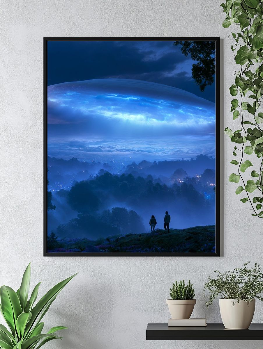 Blue UFO Over Misty Forest Poster. — room view 4