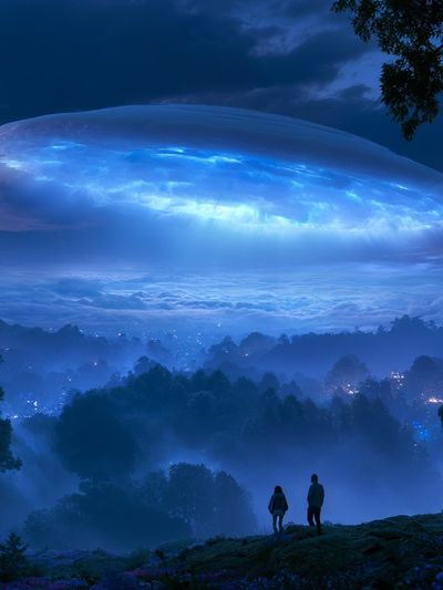 Blue UFO Over Misty Forest Poster. poster print
