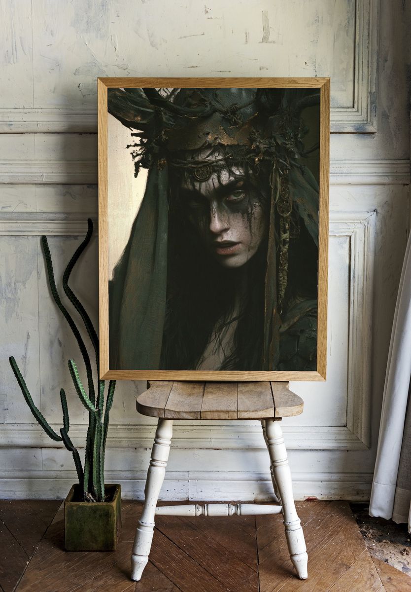 Dark Forest Queen Portrait Print. room preview