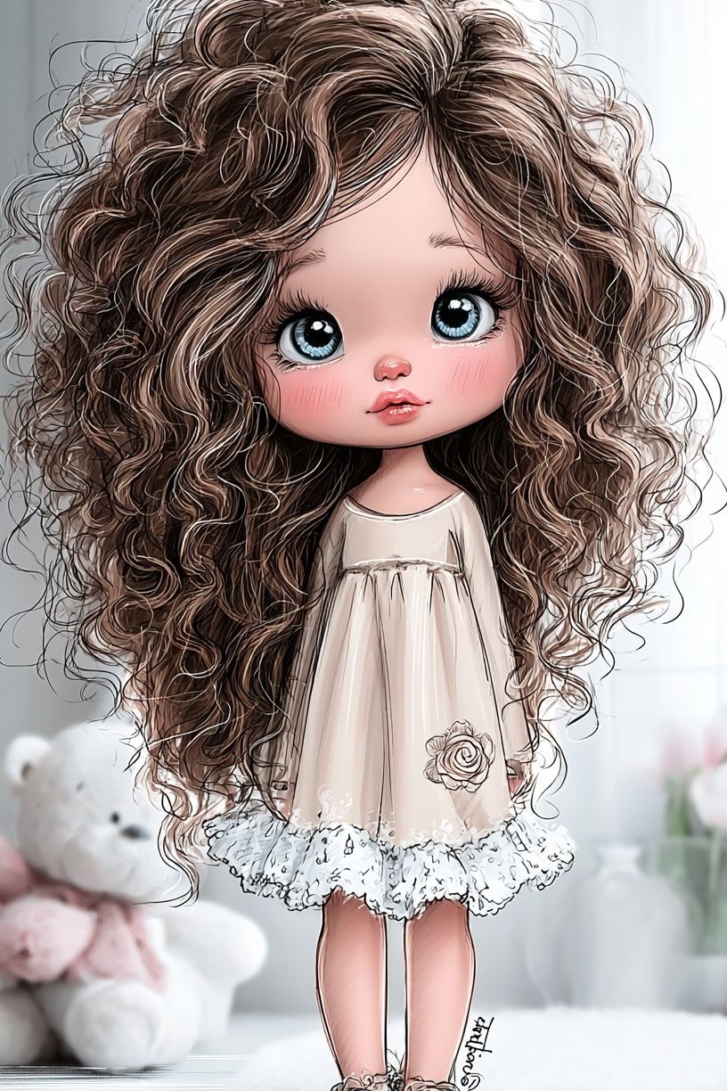 Curly Doll Girl Illustration Poster. poster — illustration art