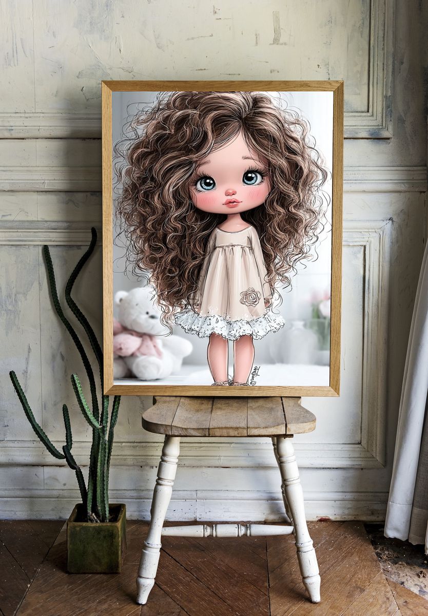 Curly Doll Girl Illustration Poster. room preview