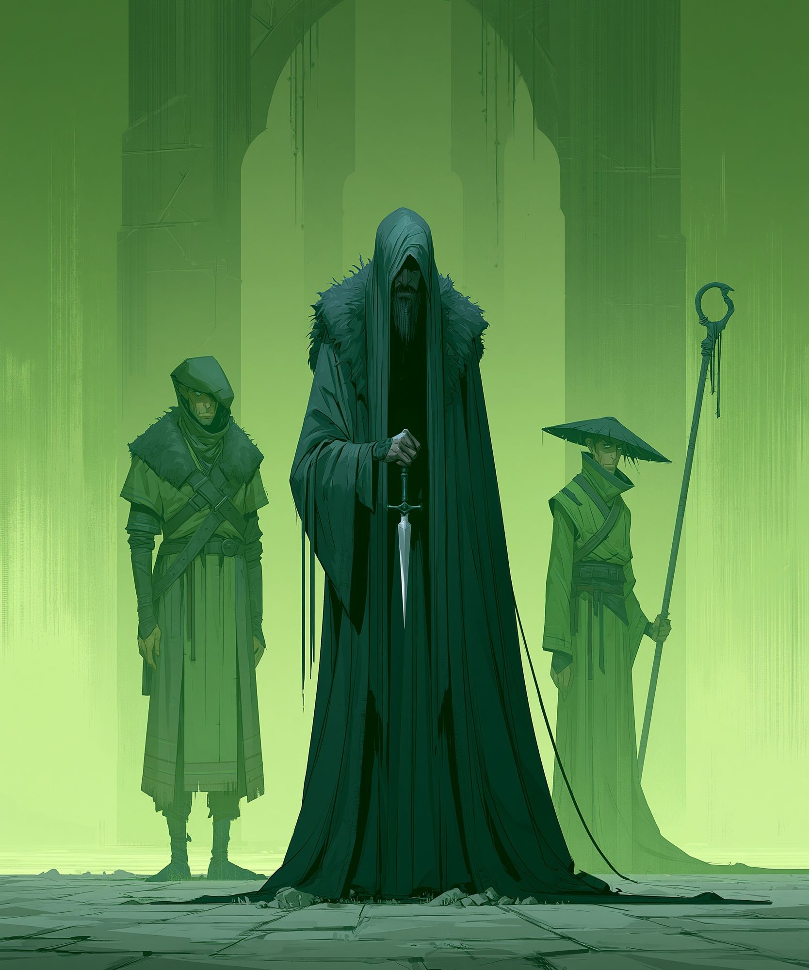 Green Hooded Guardians Illustration Poster. poster detail