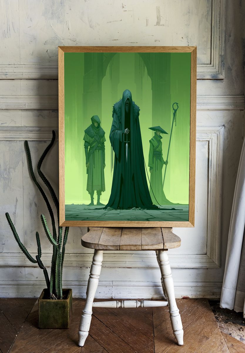 Green Hooded Guardians Illustration Poster. room preview