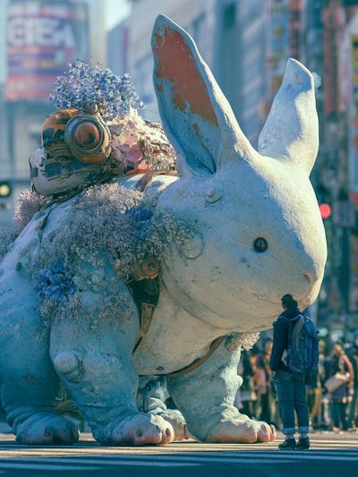 Surreal Giant Rabbit City Poster. poster