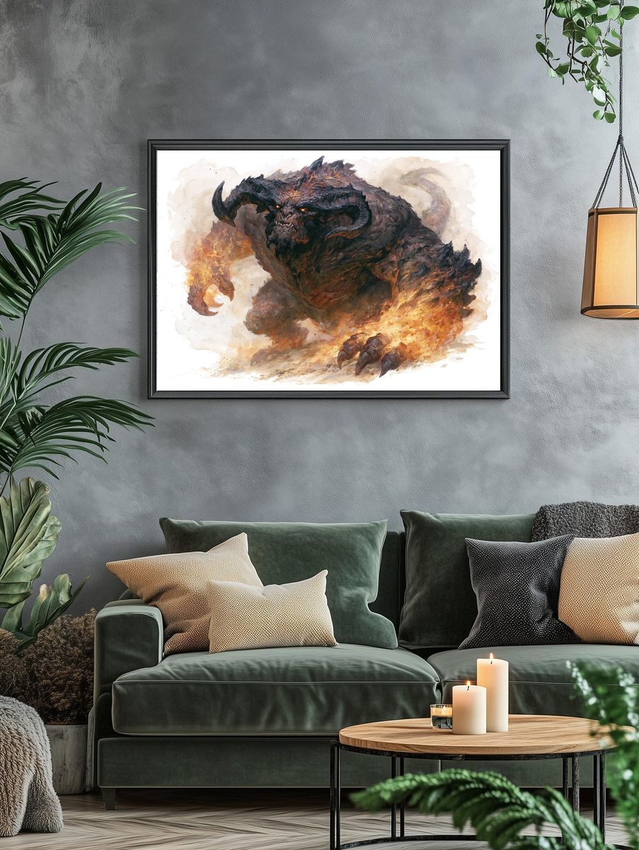 Fiery Demon Beast Illustration Poster. — room view 4