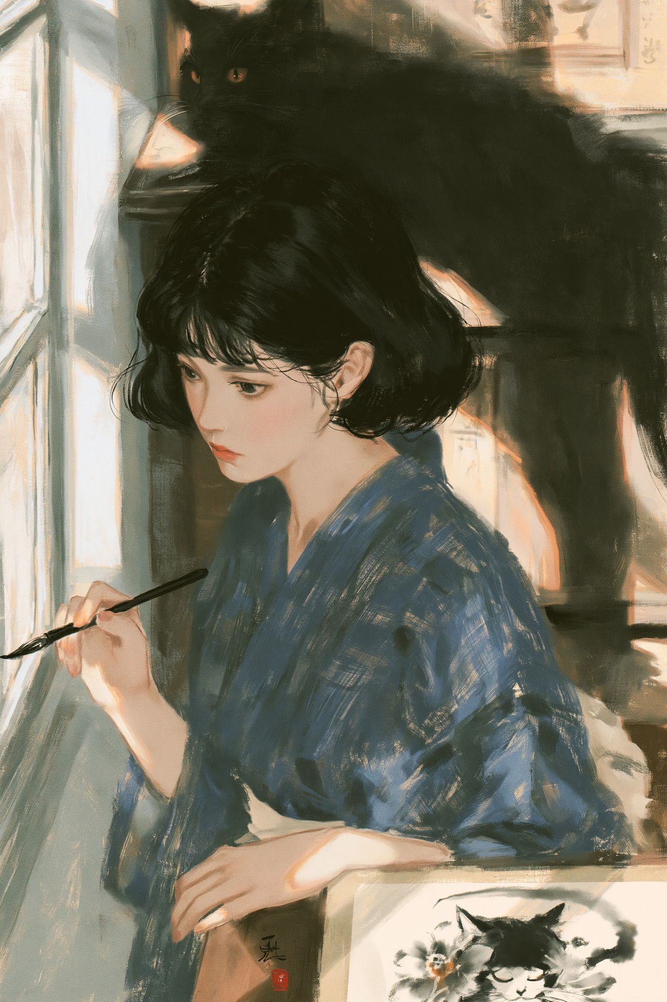 Girl with Black Cat Illustration Poster. poster detail