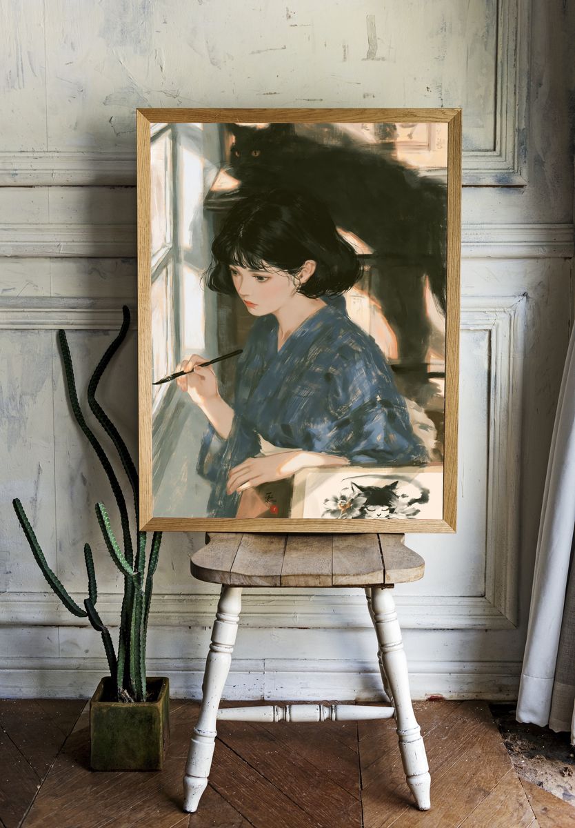 Girl with Black Cat Illustration Poster. — room view 1
