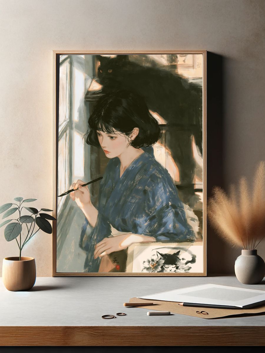 Girl with Black Cat Illustration Poster. — room view 2