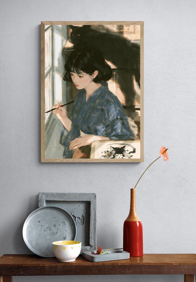 Girl with Black Cat Illustration Poster. — room view 3