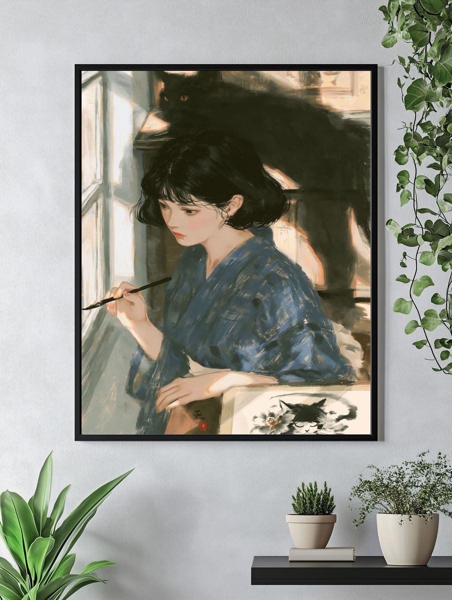 Girl with Black Cat Illustration Poster. — room view 4