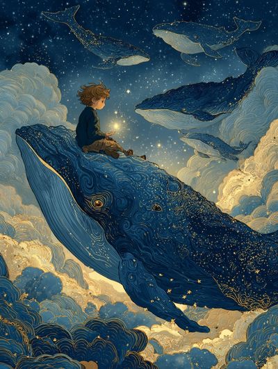 Boy on Whale Dreamscape Poster. poster print