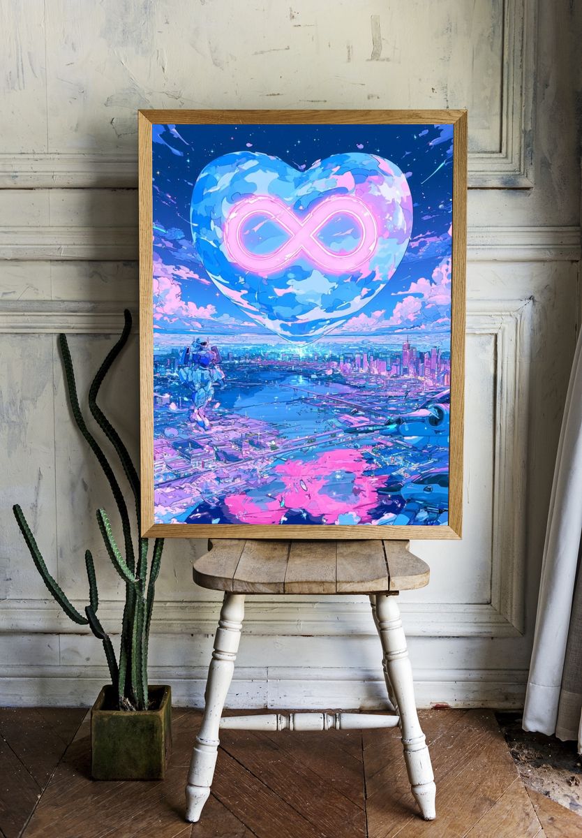 Neon Infinity Heart Cityscape Print. — room view 1
