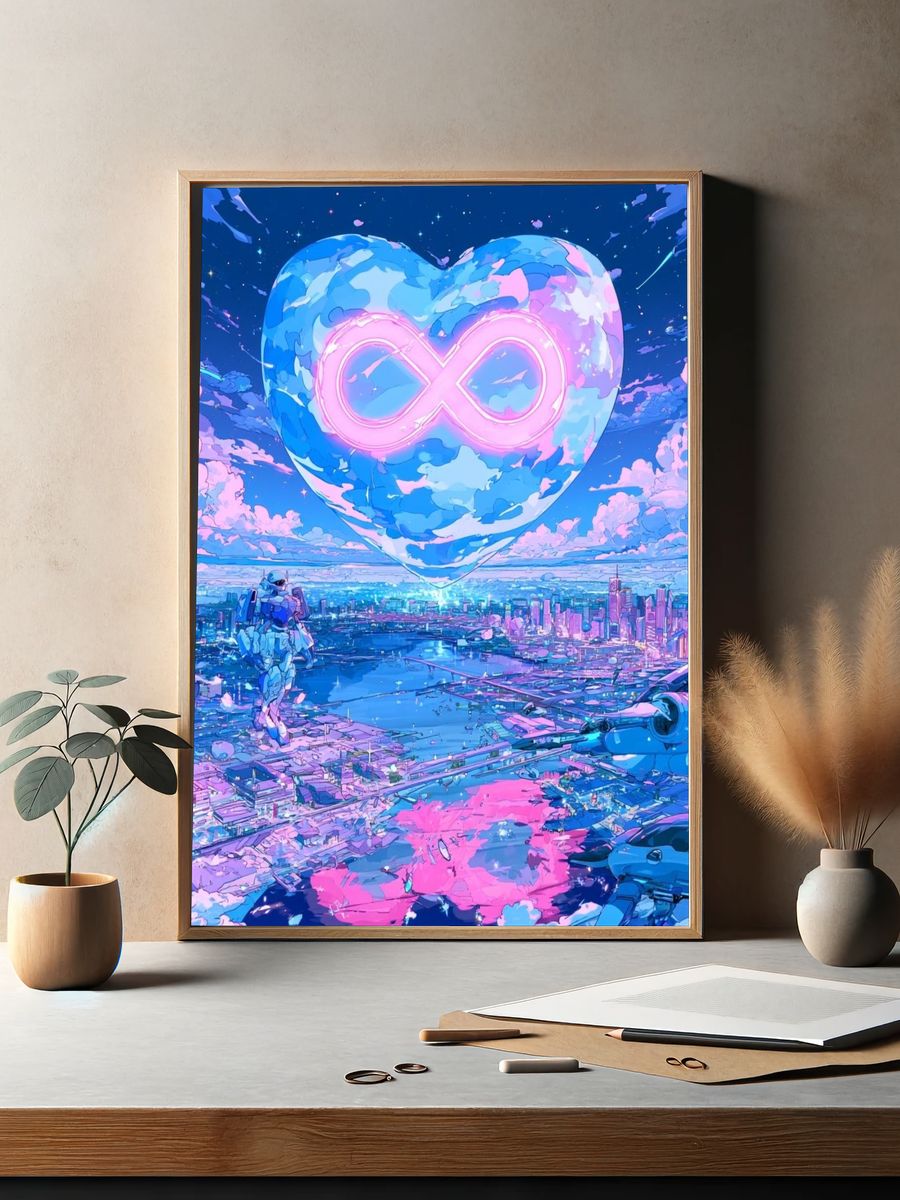 Neon Infinity Heart Cityscape Print. — room view 2