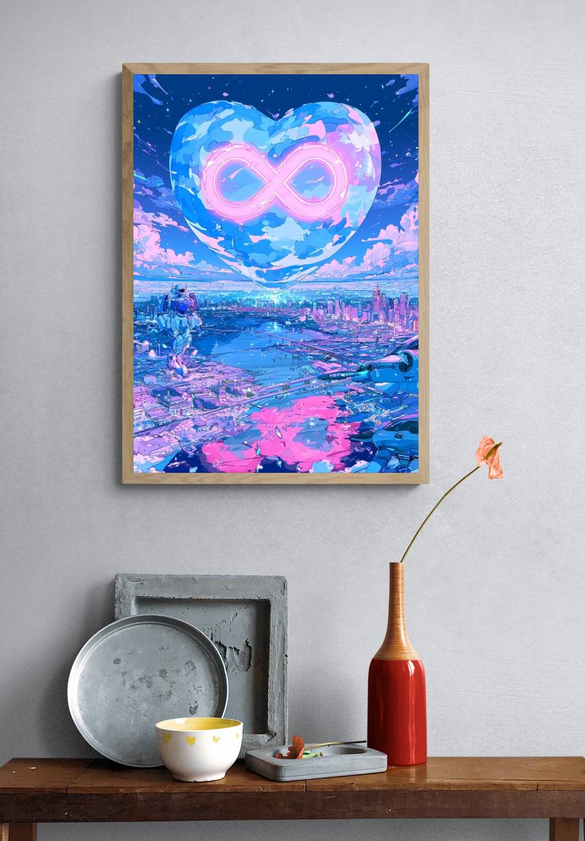 Neon Infinity Heart Cityscape Print. — room view 3
