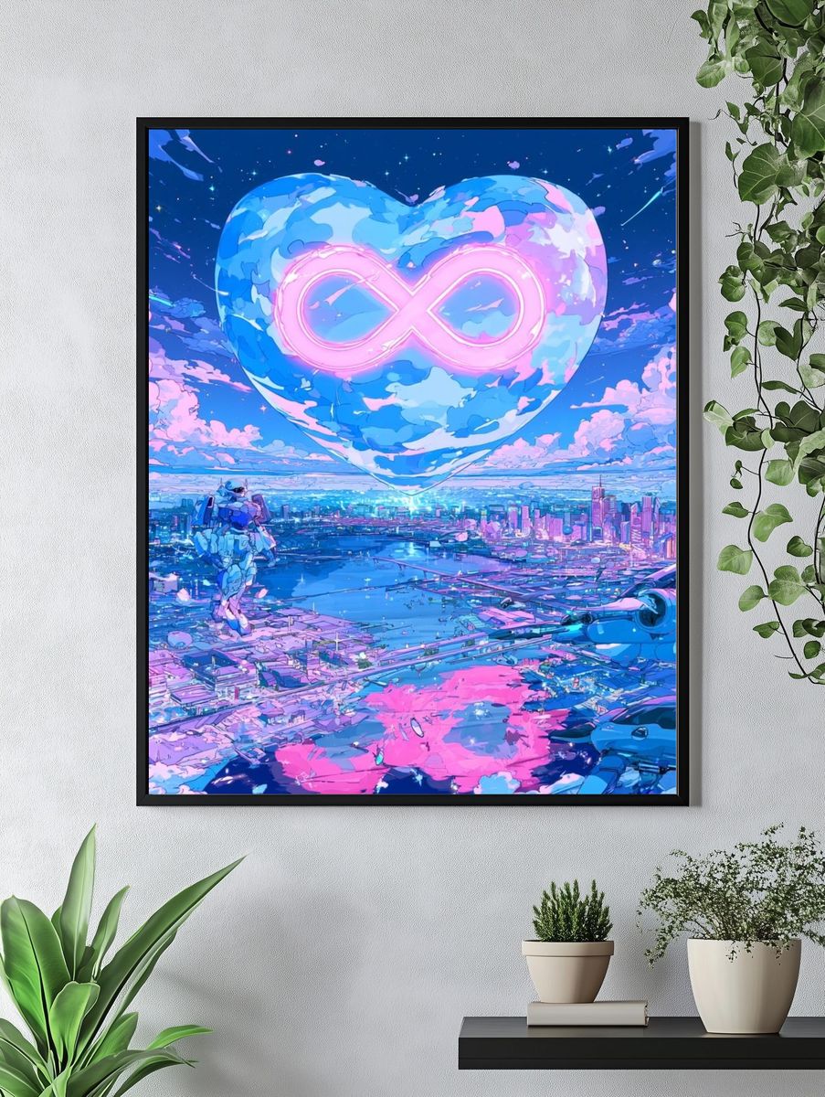 Neon Infinity Heart Cityscape Print. — room view 4