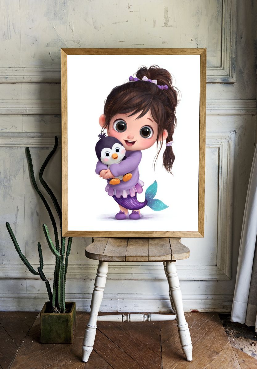Mermaid Girl with Penguin Illustration Poster. room preview