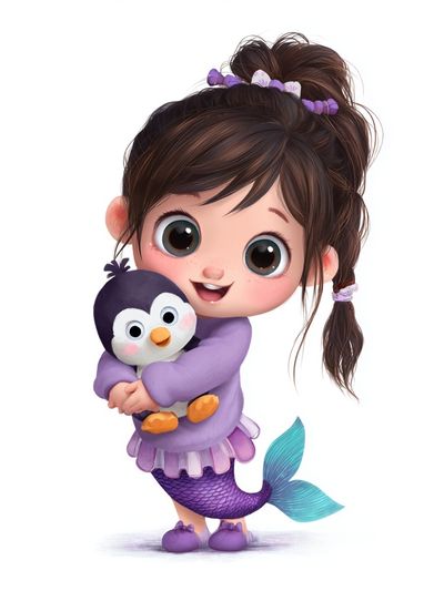 Mermaid Girl with Penguin Illustration Poster. poster