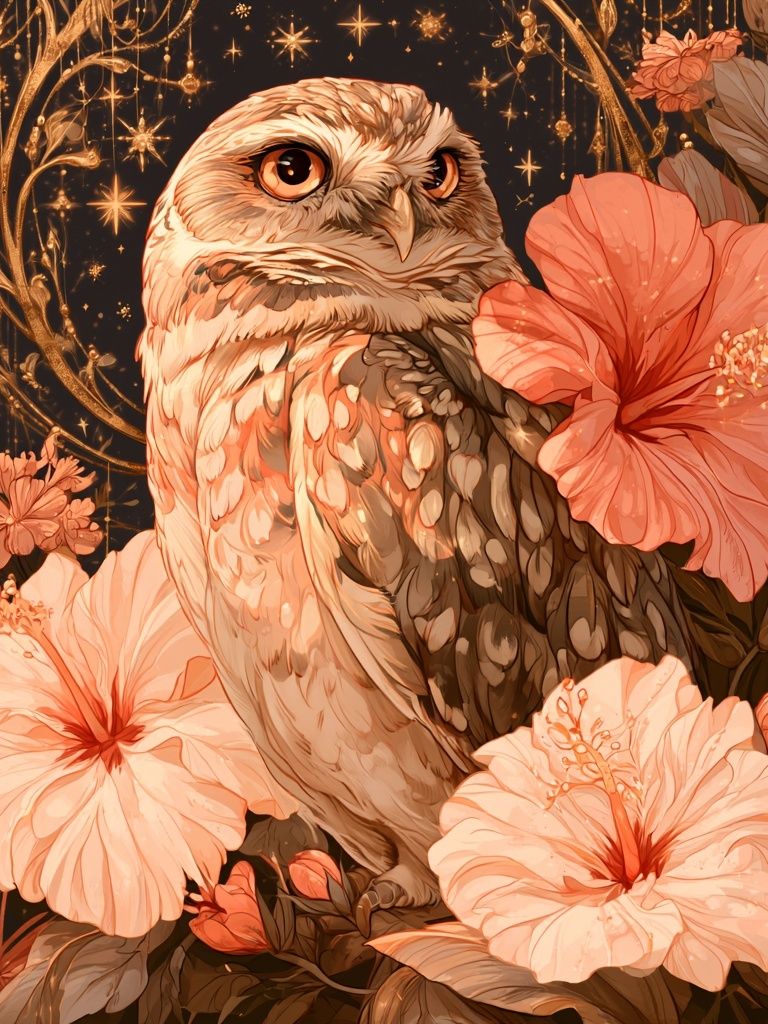 Hibiscus Owl Illustration Poster. poster — illustration art