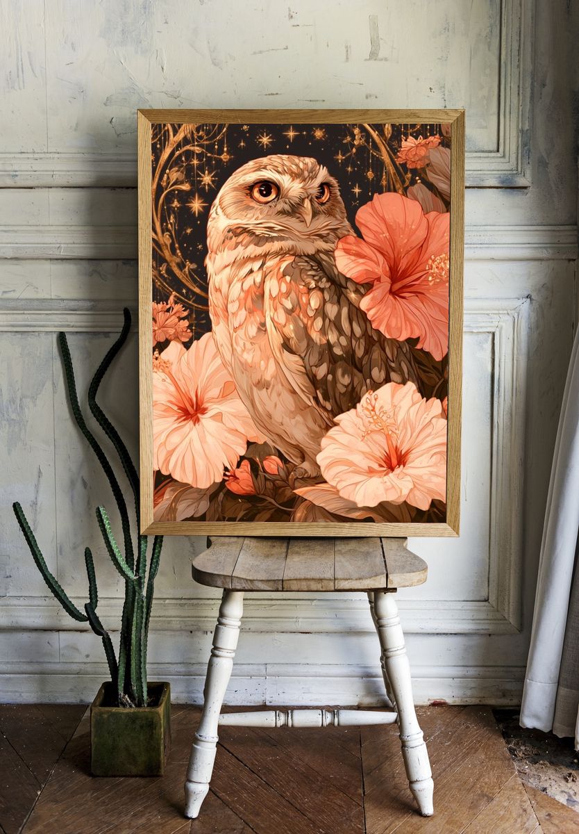 Hibiscus Owl Illustration Poster. — room view 1