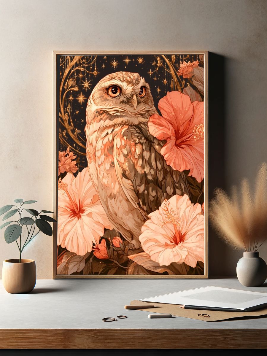 Hibiscus Owl Illustration Poster. — room view 2