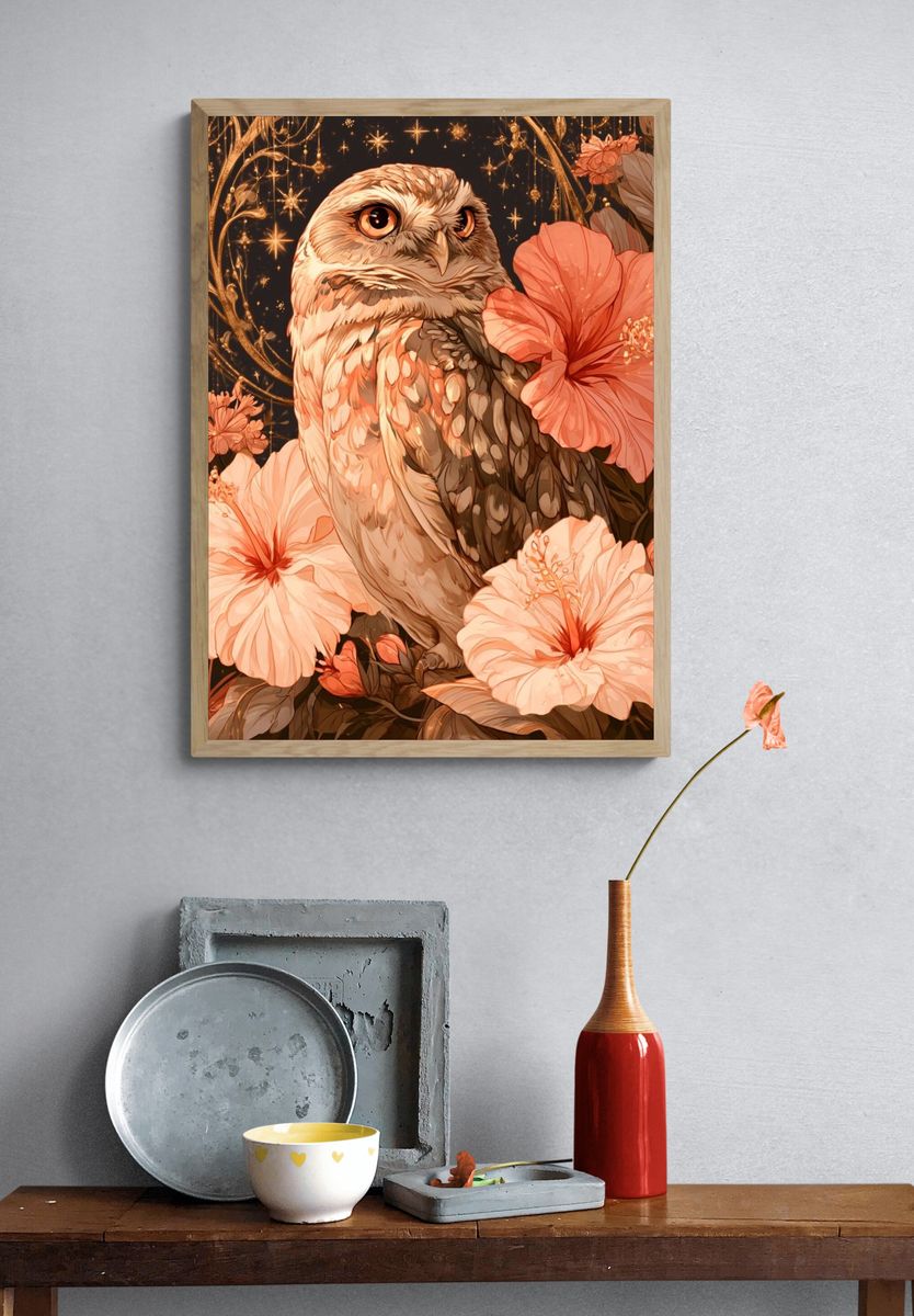 Hibiscus Owl Illustration Poster. — room view 3