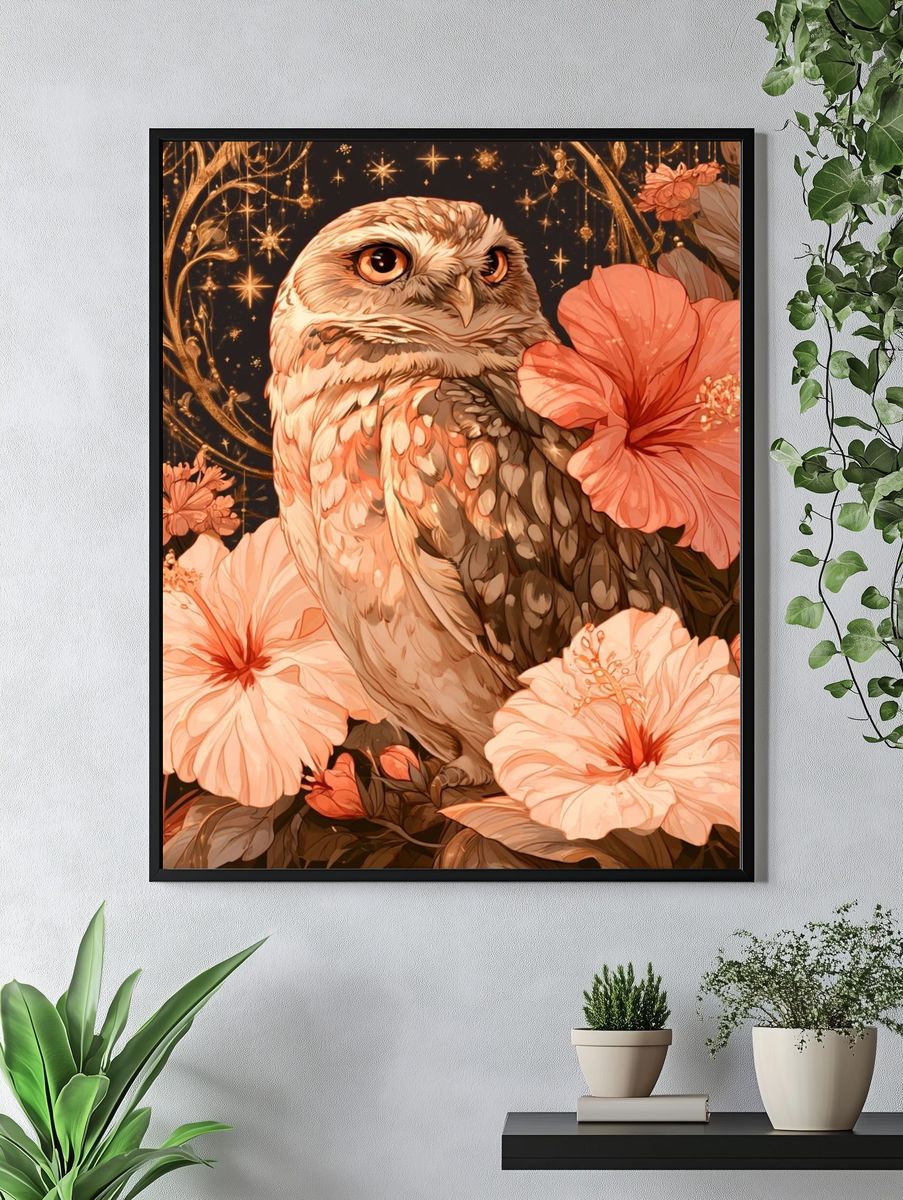 Hibiscus Owl Illustration Poster. — room view 4