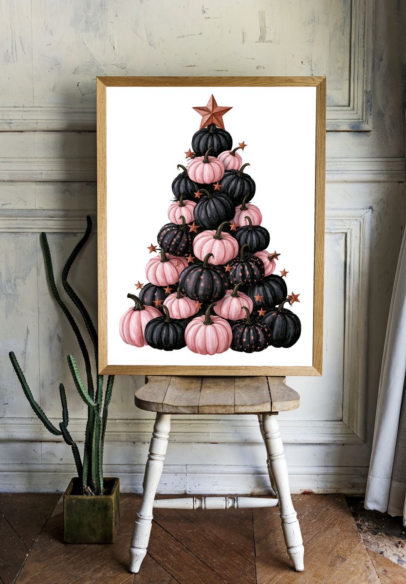 Pink and Black Pumpkin Tree Print. — room view 1