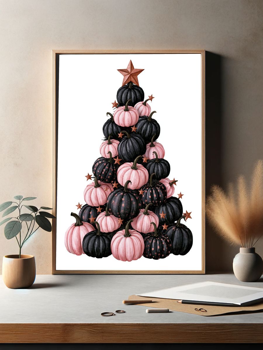 Pink and Black Pumpkin Tree Print. — room view 2