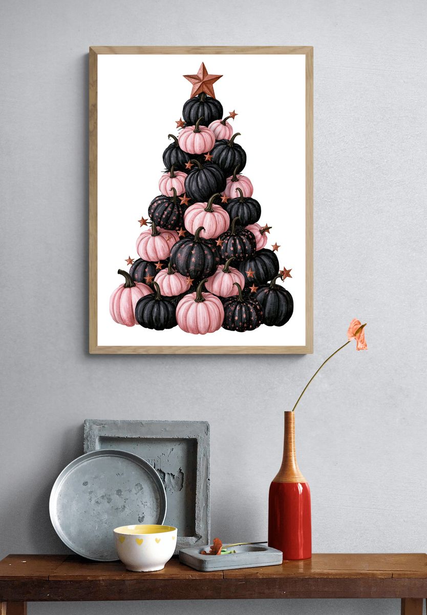 Pink and Black Pumpkin Tree Print. — room view 3