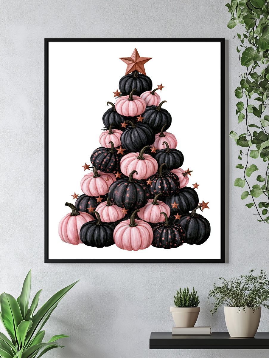 Pink and Black Pumpkin Tree Print. — room view 4