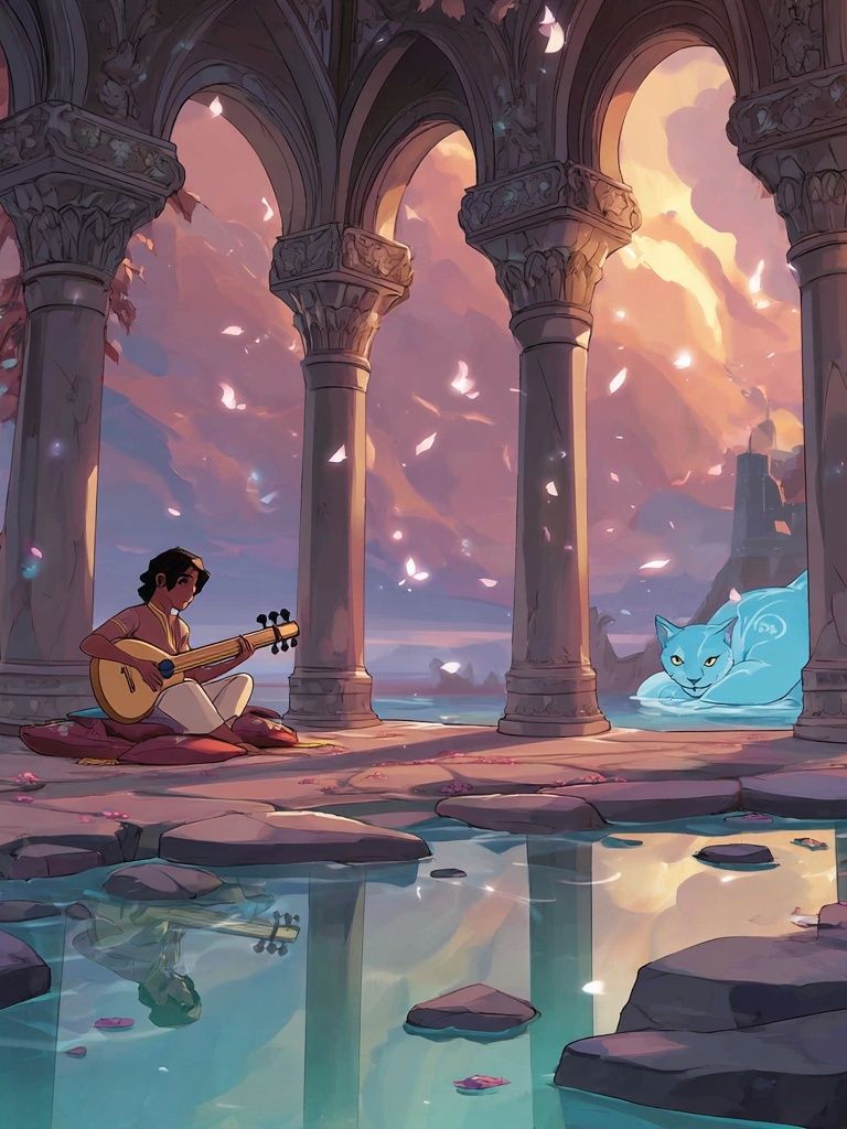 Moonlit Ruins and Spirit Cat Print. poster — illustration art