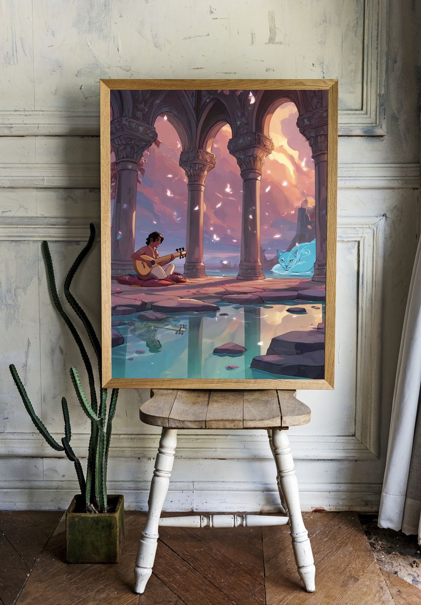 Moonlit Ruins and Spirit Cat Print. room preview