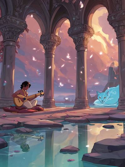 Moonlit Ruins and Spirit Cat Print. poster