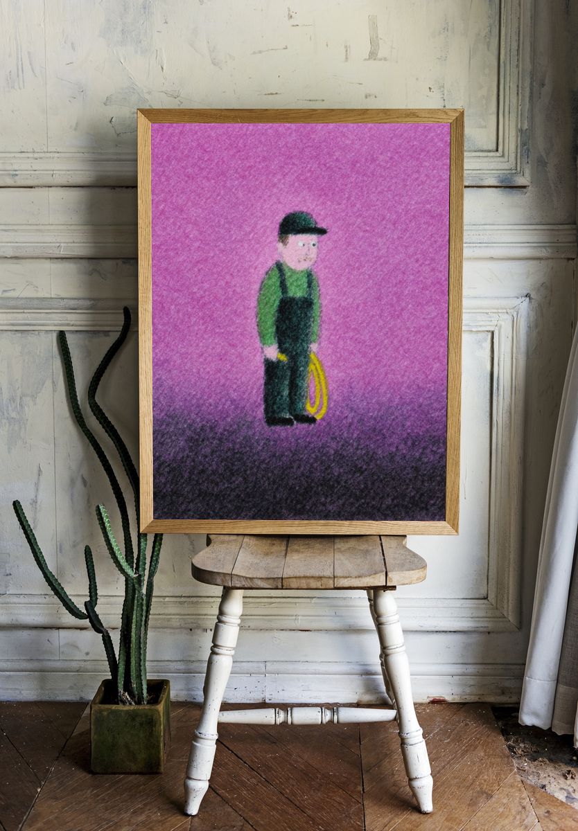 Worker on Purple Field Illustration Poster. — room view 1