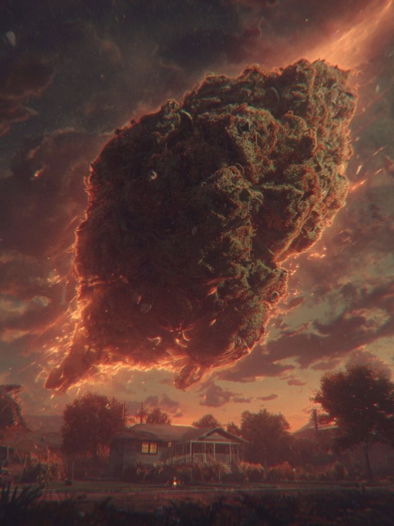 Fiery Cloud Over Suburban Street Print. poster — illustration art