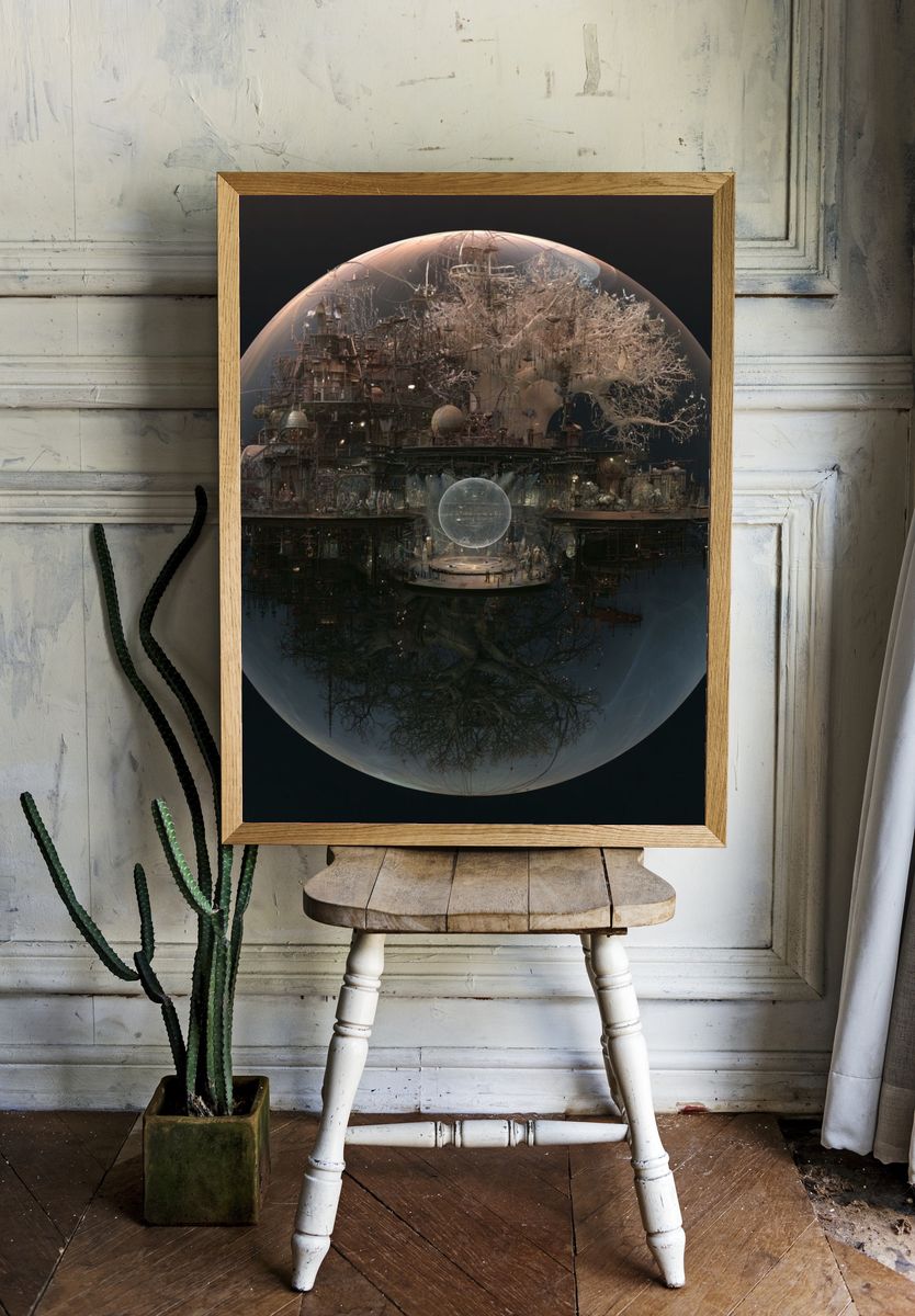 Surreal Floating City Sphere Print. — room view 1