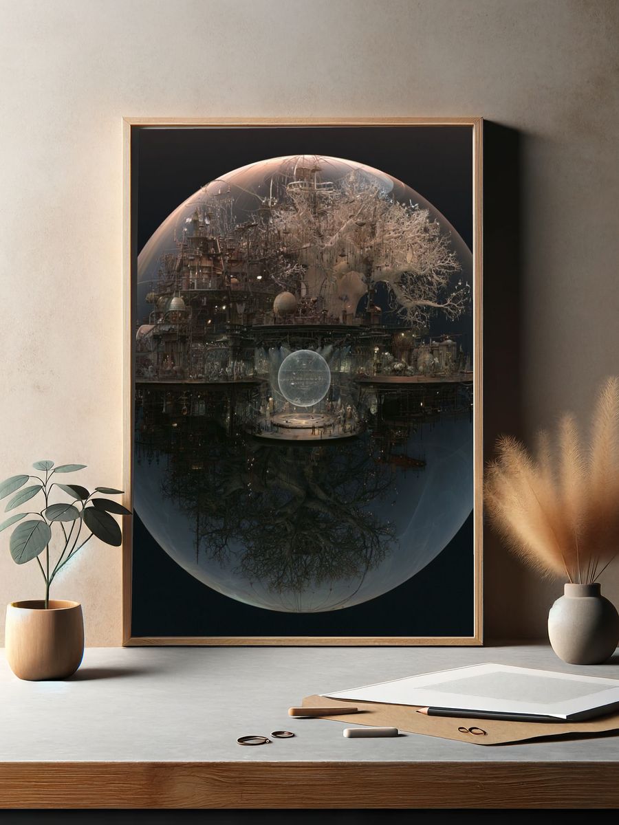 Surreal Floating City Sphere Print. — room view 2