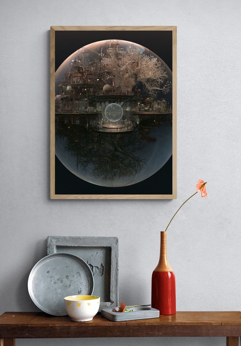 Surreal Floating City Sphere Print. — room view 3