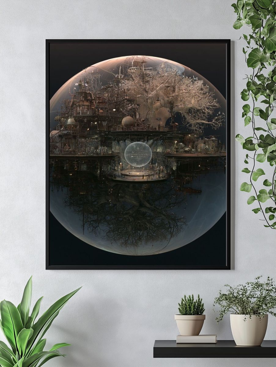 Surreal Floating City Sphere Print. — room view 4