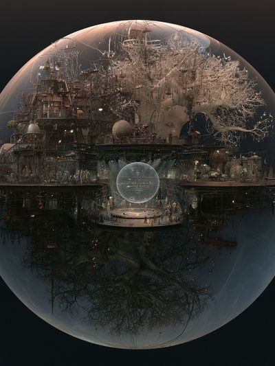 Surreal Floating City Sphere Print. poster