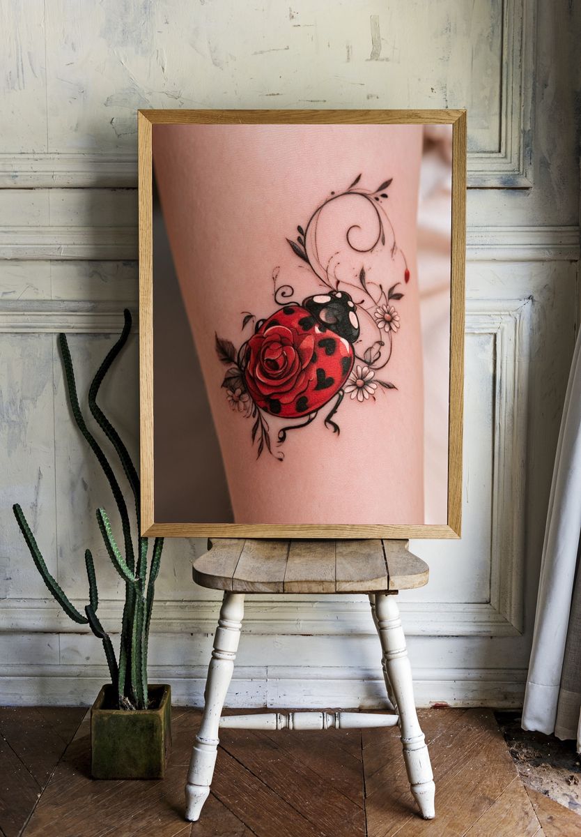Ladybug Floral Tattoo Poster. room preview