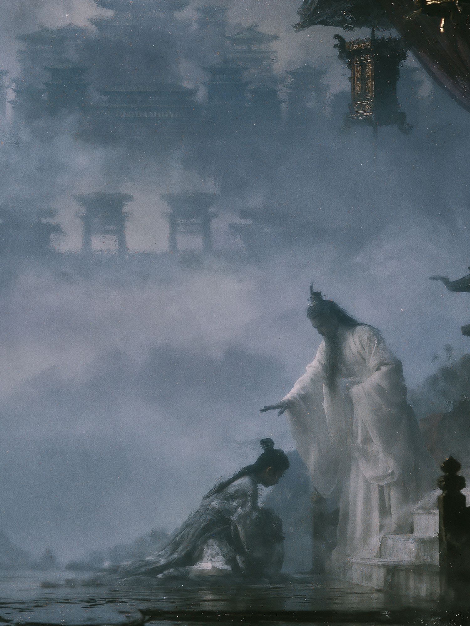 Misty Temple Ritual Illustration Poster. poster detail