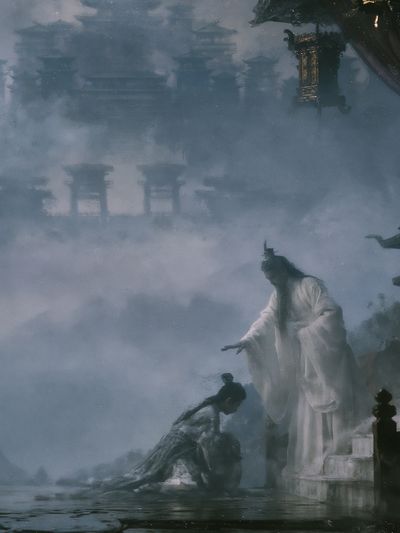 Misty Temple Ritual Illustration Poster. poster