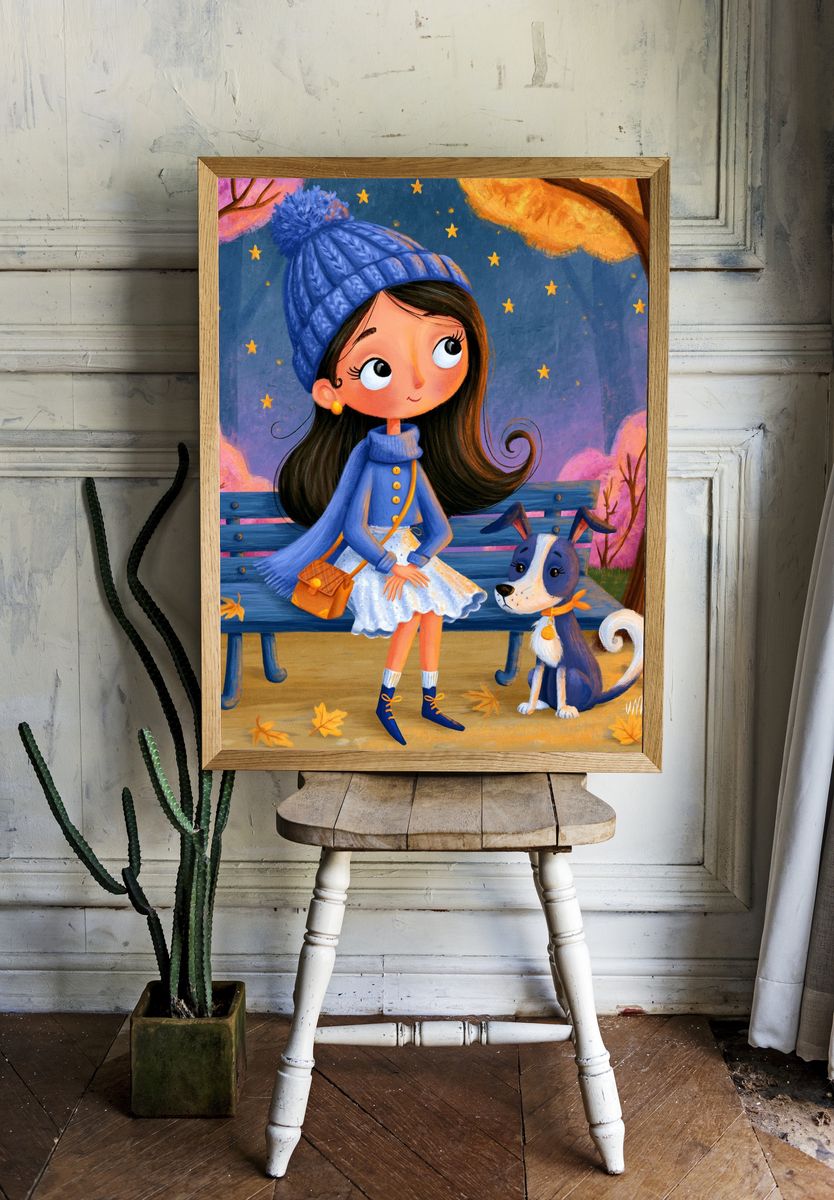 Autumn Girl and Dog Illustration Poster. room preview