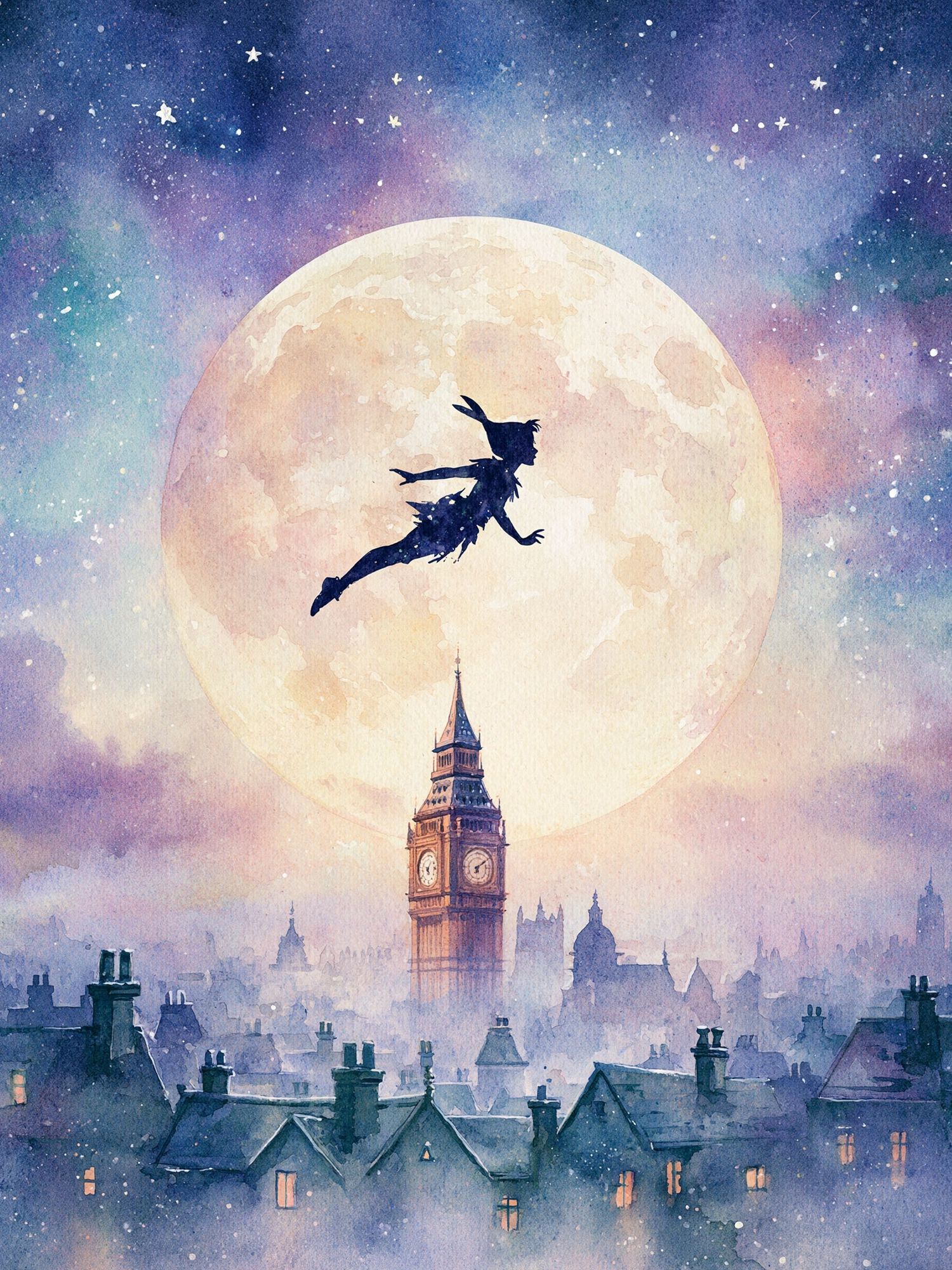 Peter Pan Over London Print. poster — illustration art