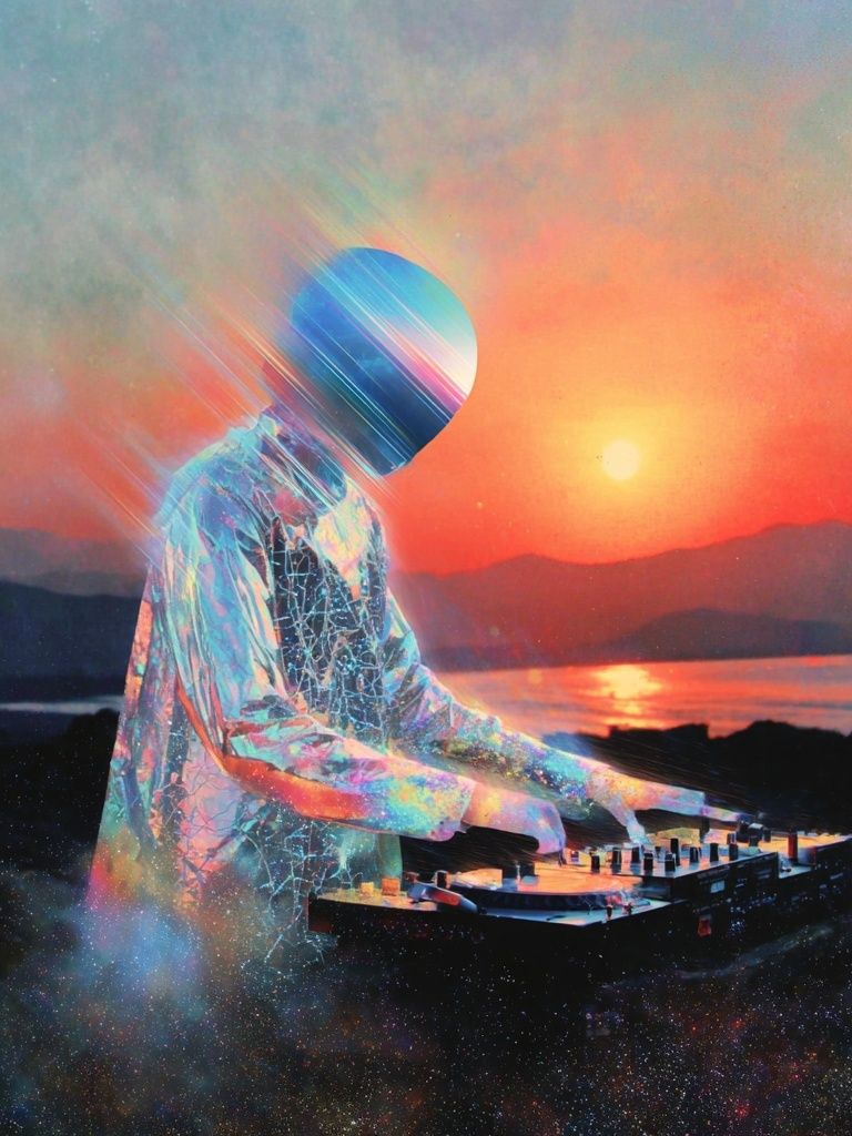 Cosmic DJ Sunset Digital Art Print. poster detail